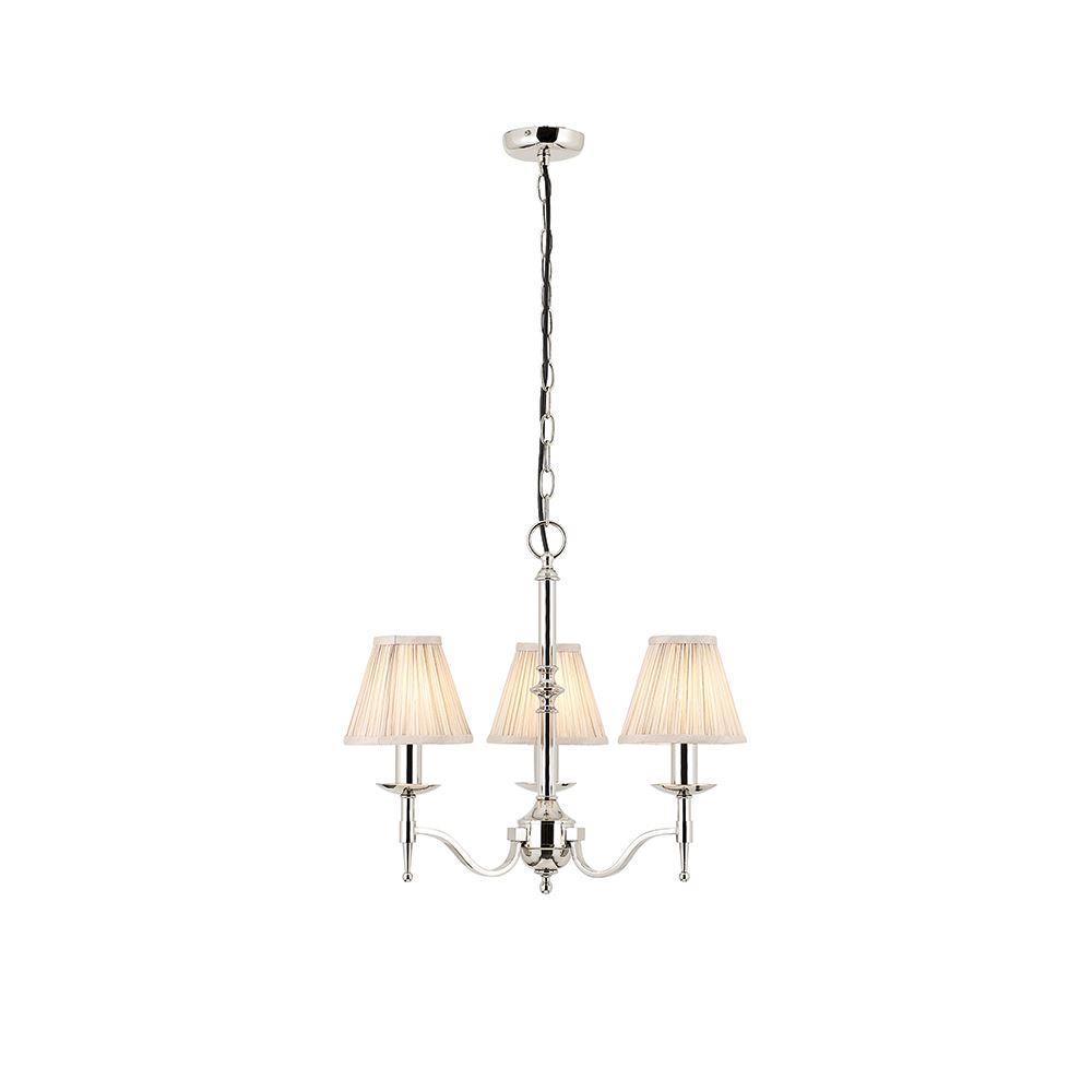 Image of Interiors 1900 63633 Stanford Nickel 3 Light, 3 Arm Ceiling Pendant Light In Nickel With Beige Shades