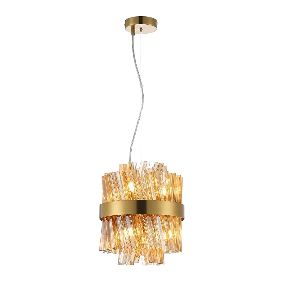 Hampton 6 Light Round Ceiling Pendant Light In Brass Finish With Amber Glass 25cm