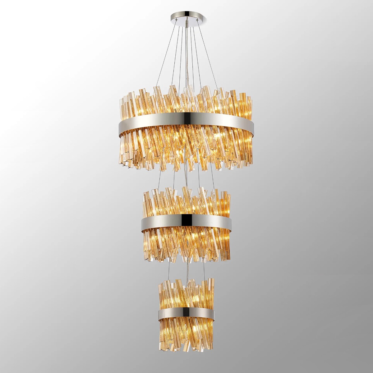 Hampton 3 Tier Ceiling Pendant Light In Polished Nickel Finish With Amber Glass 25+40+60cm