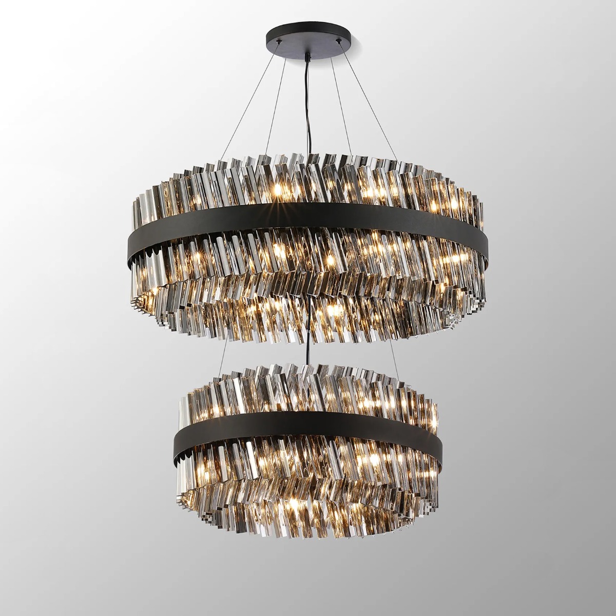Hampton 2 Tier Ceiling Pendant Light In Satin Black Finish With Smoked Glass 60+80cm