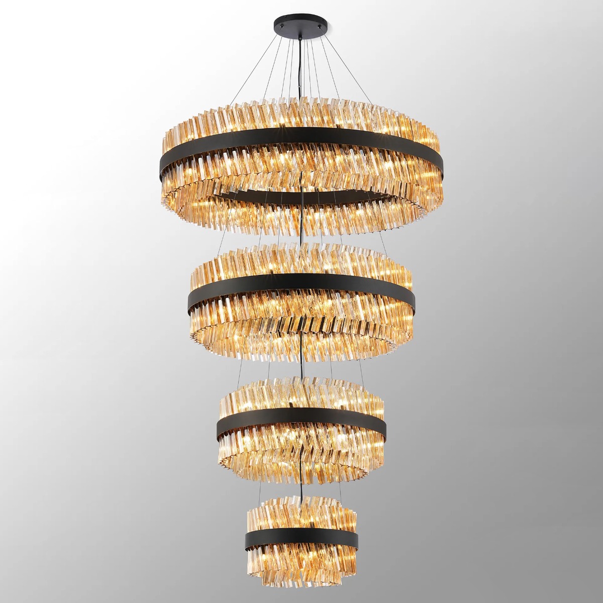 Hampton 4 Tier Ceiling Pendant Light In Satin Black Finish With Amber Glass 40+60+80+100cm