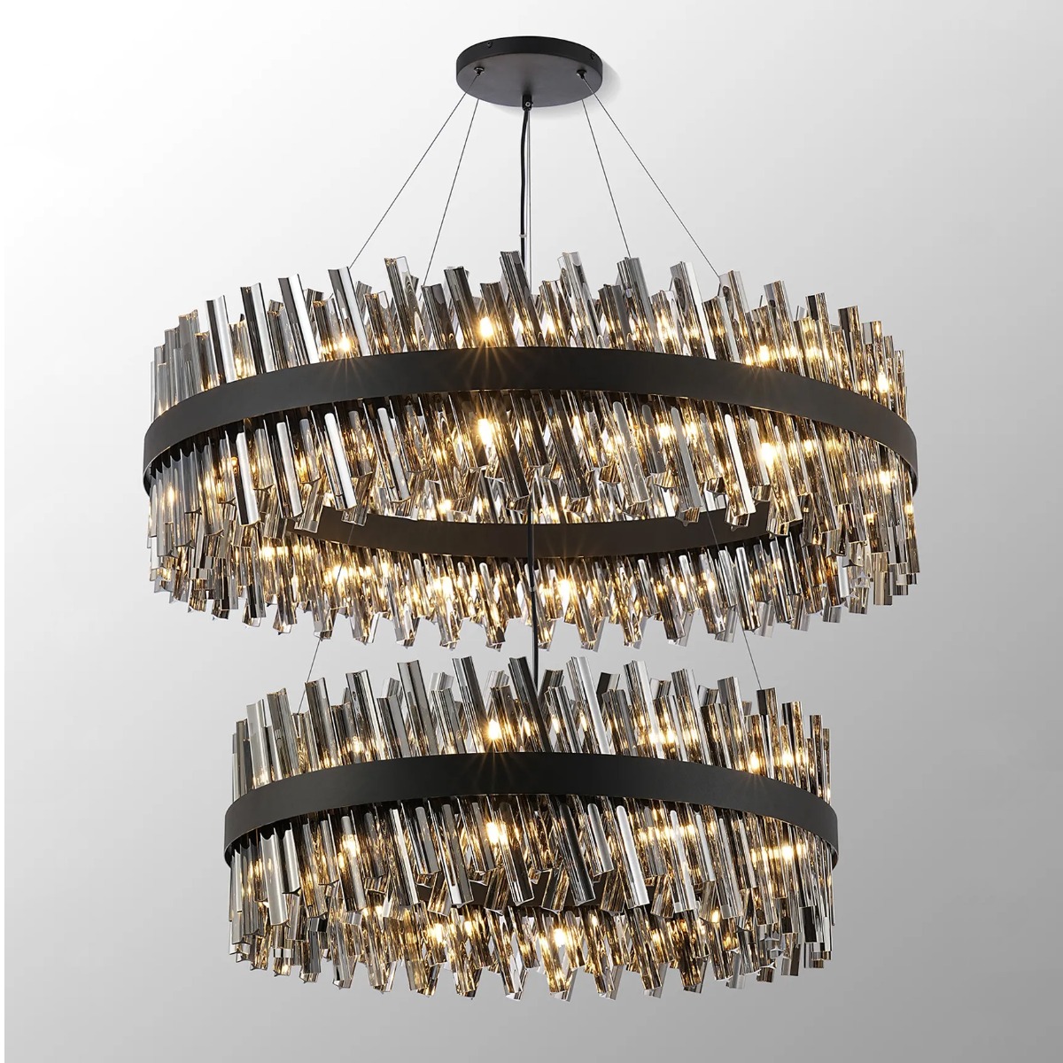 Hampton 2 Tier Ceiling Pendant Light In Satin Black Finish With Smoked Glass 80+100cm