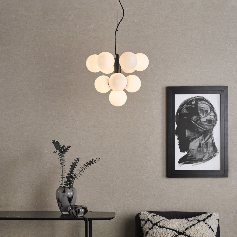 Dar Lighting Vine 10 Light Ceiling Pendant Light In Satin Black With Opal Glass