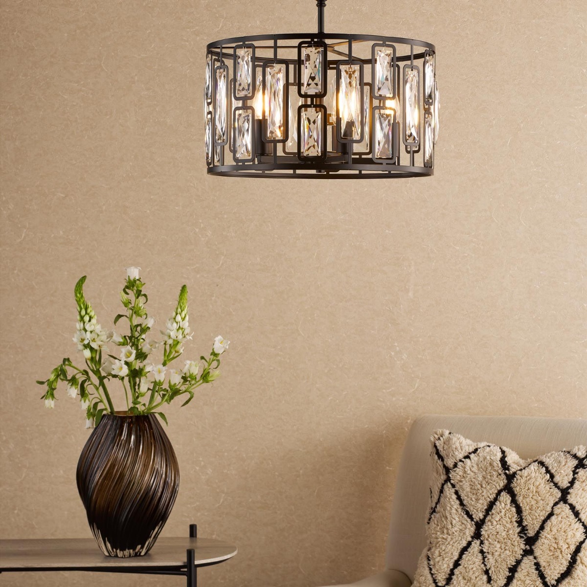 Dar Lighting Zoelle 5 Light Ceiling Pendant Light In Matt Black With Crystal Glass