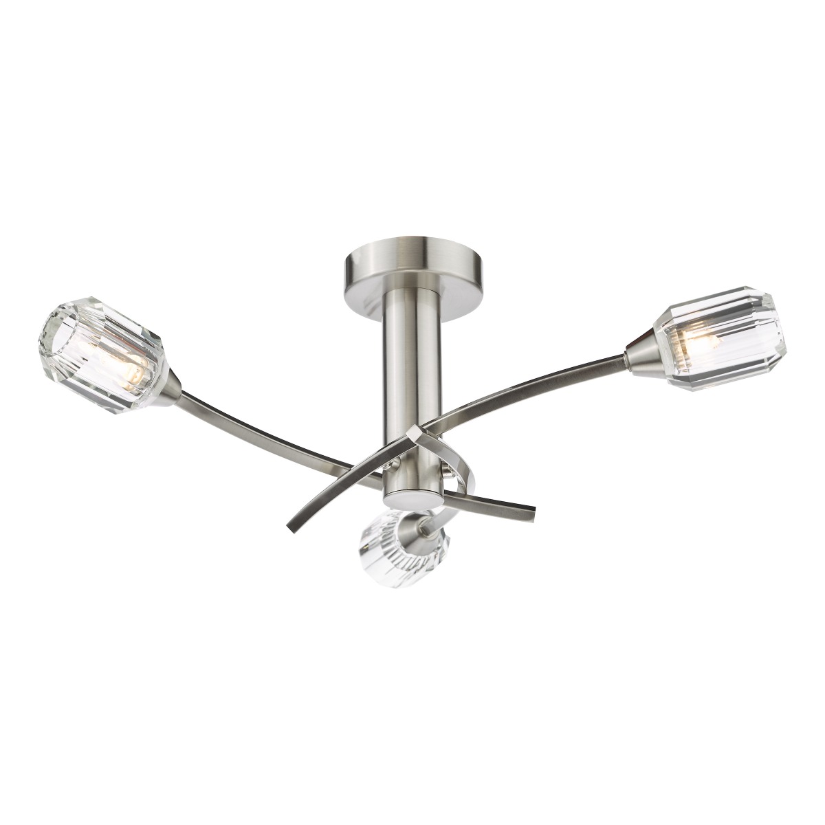 Dar Lighting Zonda 3 Light Semi Flush Ceiling Light In Brushed Nickel With Crystal Glass